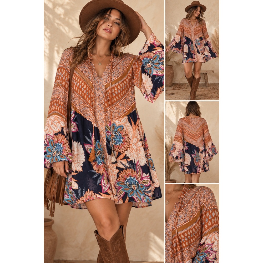 Umgee XL Boho Floral Paisley Mini Dress Bell Sleeve Ruffle Festival Tunic